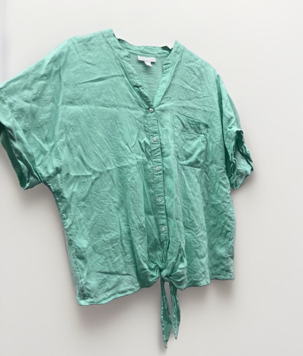 Charter Club Aqua Linen Luxury Tie Front Top Resort Coastal L